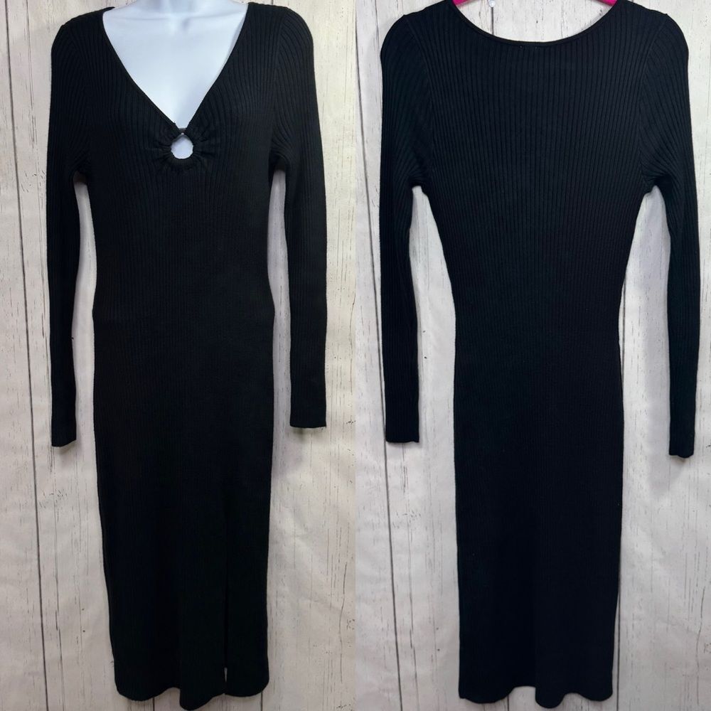 Abercrombie & Fitch Black Ribbed V Neck Bodycon Midi Dress Stretch Slit O Ring